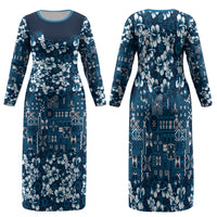 Blue Hawaiian Tapa Tribal Hibiscus Family Matching Long Sleeve Bodycon Dress and Hawaiian Shirt