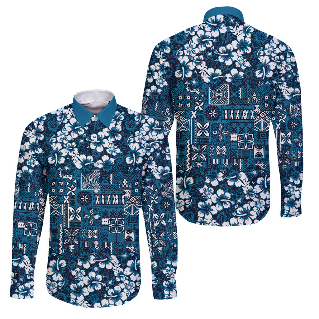 Blue Hawaiian Tapa Tribal Hibiscus Family Matching Long Sleeve Bodycon Dress and Hawaiian Shirt