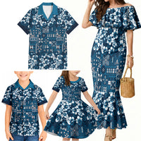Blue Hawaiian Tapa Tribal Hibiscus Family Matching Mermaid Dress and Hawaiian Shirt