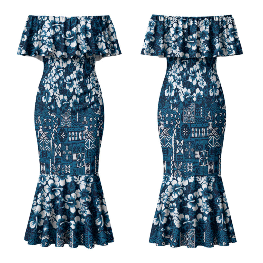 Blue Hawaiian Tapa Tribal Hibiscus Family Matching Mermaid Dress and Hawaiian Shirt