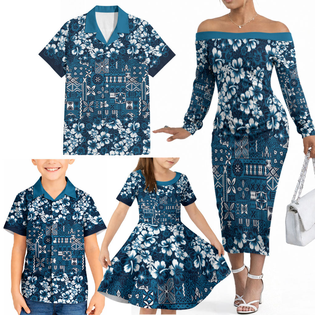 Blue Hawaiian Tapa Tribal Hibiscus Family Matching Off The Shoulder Long Sleeve Dress and Hawaiian Shirt