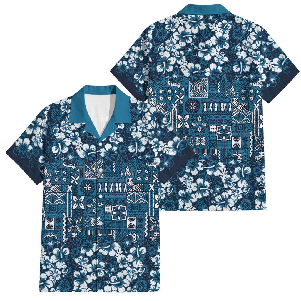 Blue Hawaiian Tapa Tribal Hibiscus Family Matching Off The Shoulder Long Sleeve Dress and Hawaiian Shirt