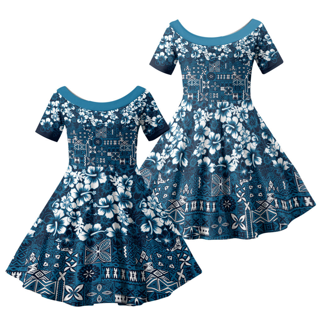 Blue Hawaiian Tapa Tribal Hibiscus Family Matching Off The Shoulder Long Sleeve Dress and Hawaiian Shirt