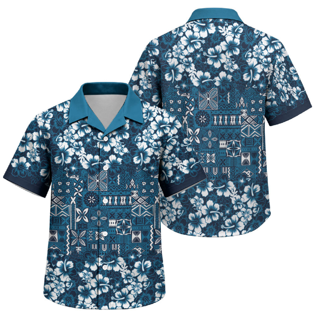 Blue Hawaiian Tapa Tribal Hibiscus Family Matching Off The Shoulder Long Sleeve Dress and Hawaiian Shirt