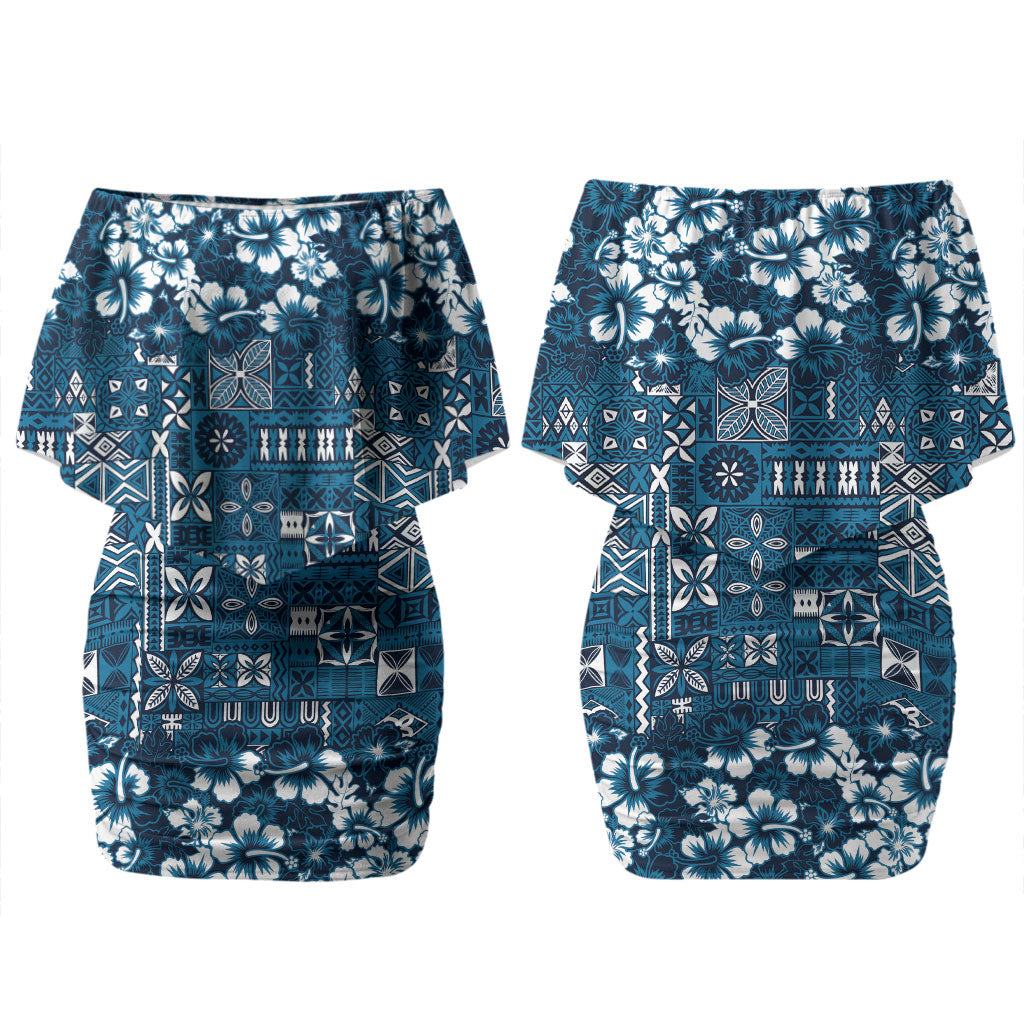 Blue Hawaiian Tapa Tribal Hibiscus Family Matching Off Shoulder Short Dress and Hawaiian Shirt