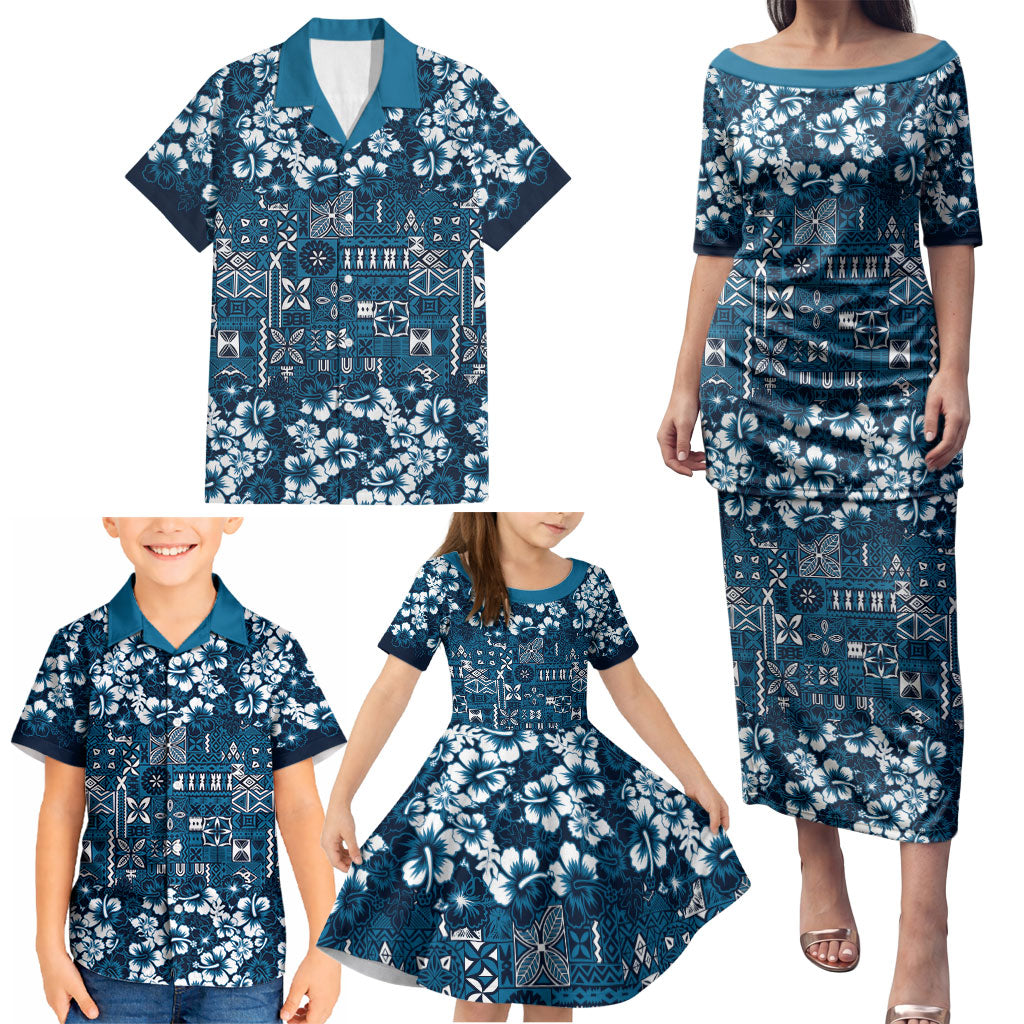 Blue Hawaiian Tapa Tribal Hibiscus Family Matching Puletasi and Hawaiian Shirt LT9 - Polynesian Pride