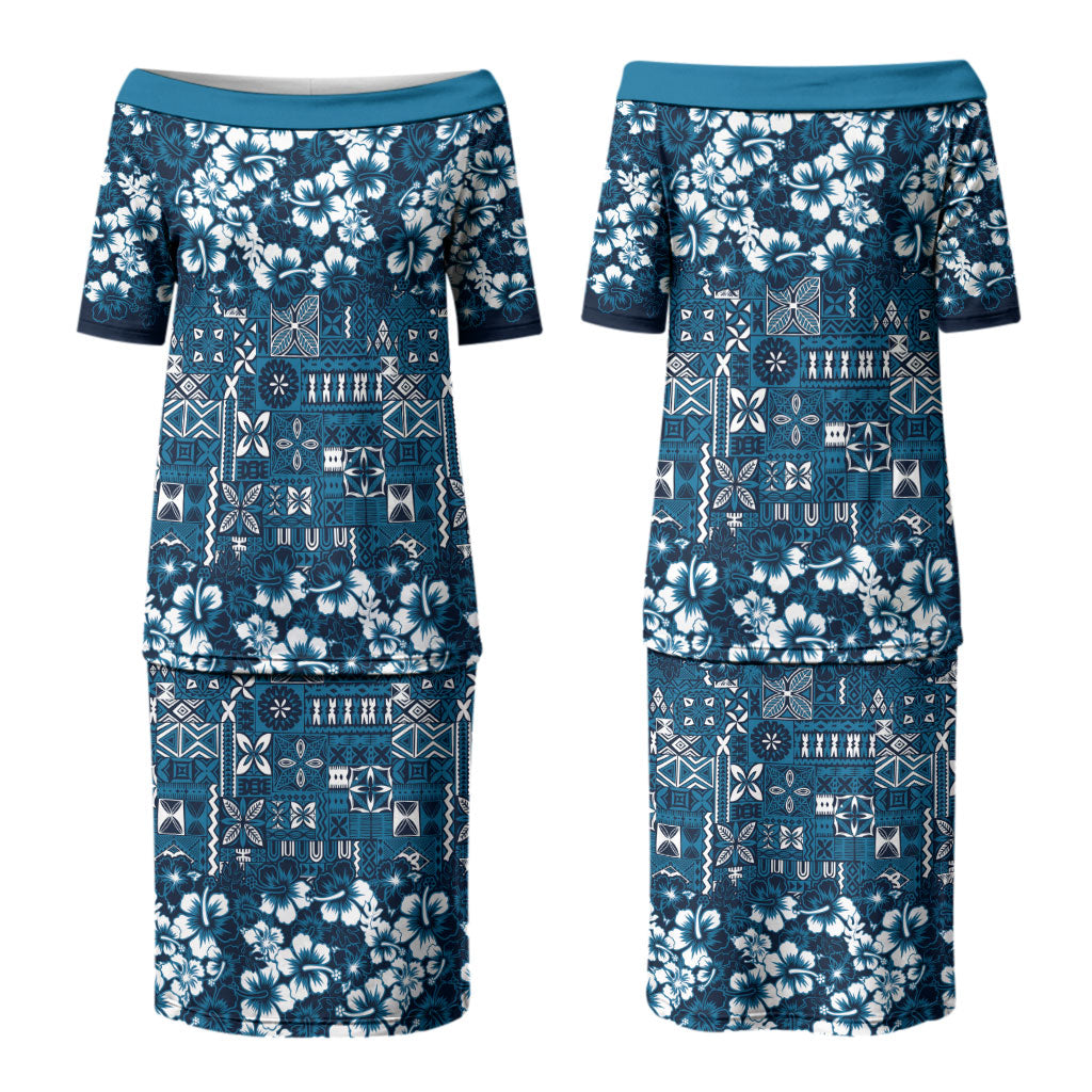 Blue Hawaiian Tapa Tribal Hibiscus Family Matching Puletasi and Hawaiian Shirt