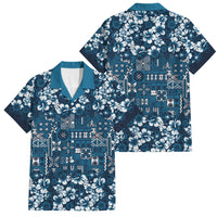 Blue Hawaiian Tapa Tribal Hibiscus Family Matching Puletasi and Hawaiian Shirt