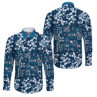 Blue Hawaiian Tapa Tribal Hibiscus Family Matching Puletasi and Hawaiian Shirt