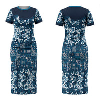 Blue Hawaiian Tapa Tribal Hibiscus Family Matching Short Sleeve Bodycon Dress and Hawaiian Shirt