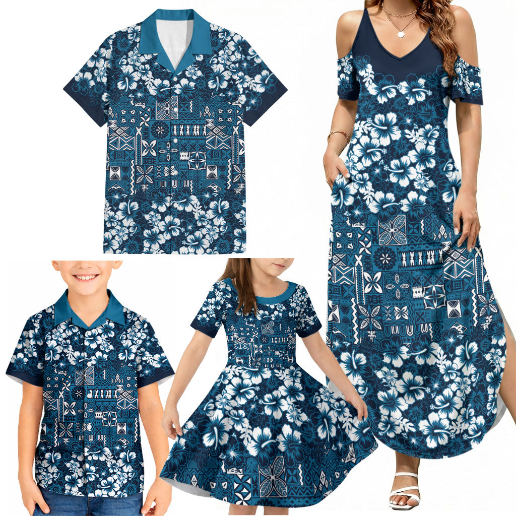 Blue Hawaiian Tapa Tribal Hibiscus Family Matching Summer Maxi Dress and Hawaiian Shirt