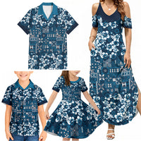 Blue Hawaiian Tapa Tribal Hibiscus Family Matching Summer Maxi Dress and Hawaiian Shirt