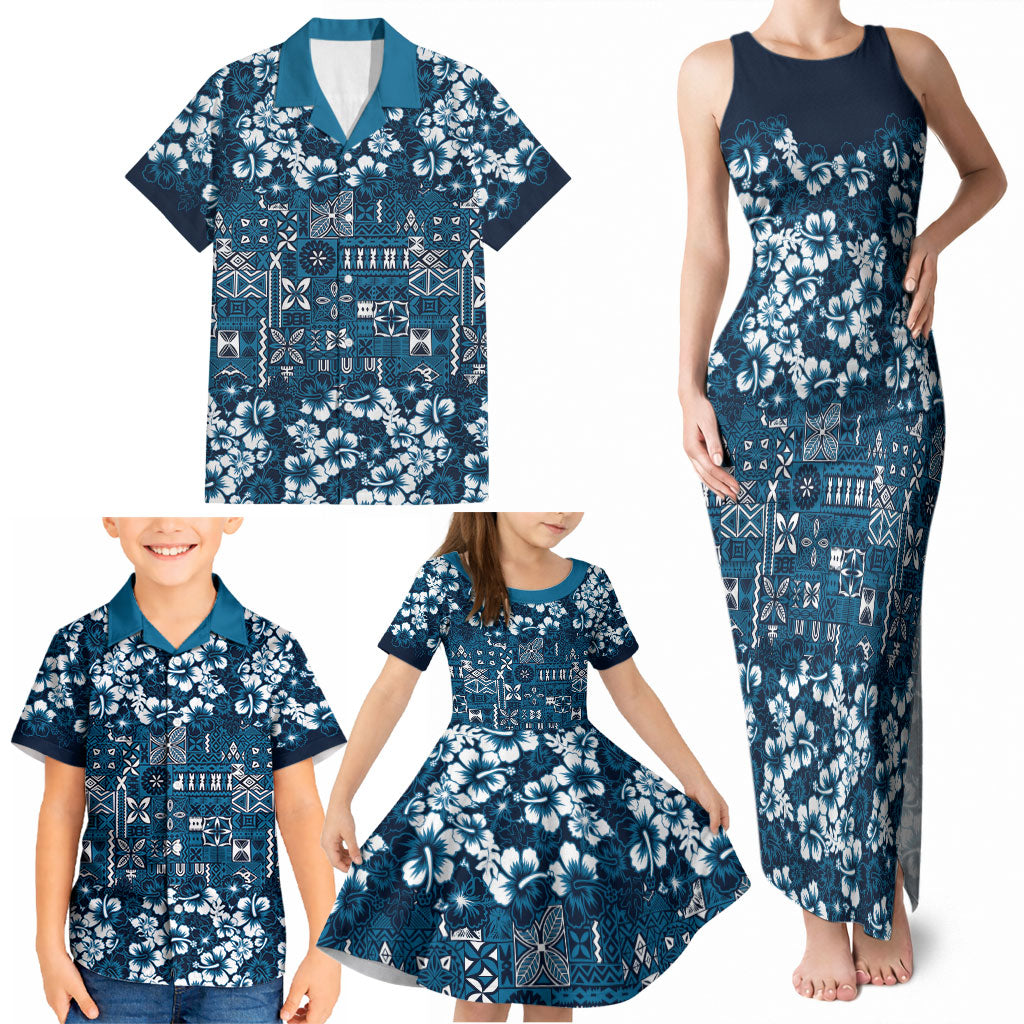 Blue Hawaiian Tapa Tribal Hibiscus Family Matching Tank Maxi Dress and Hawaiian Shirt LT9 - Polynesian Pride