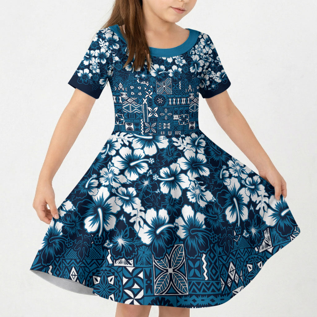 Blue Hawaiian Tapa Tribal Hibiscus Kid Short Sleeve Dress