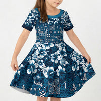 Blue Hawaiian Tapa Tribal Hibiscus Kid Short Sleeve Dress