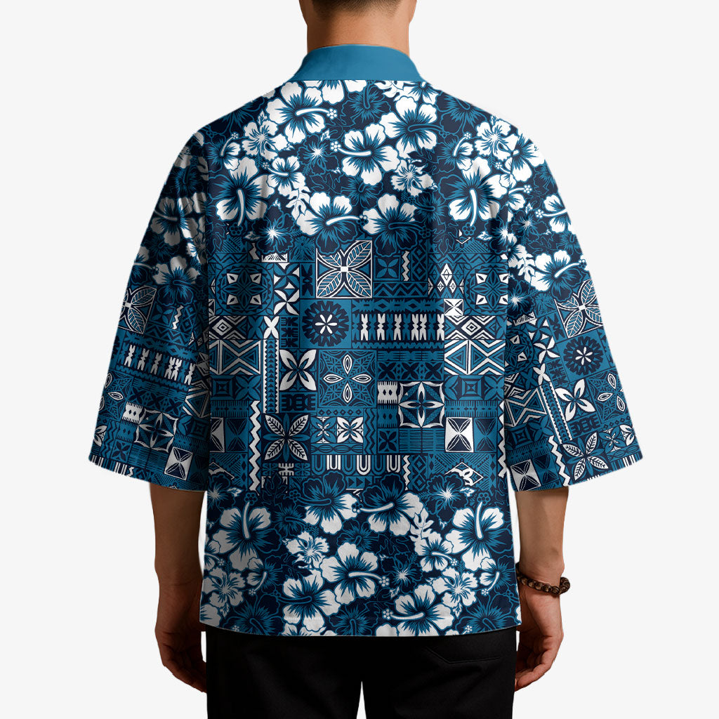 Blue Hawaiian Tapa Tribal Hibiscus Kimono