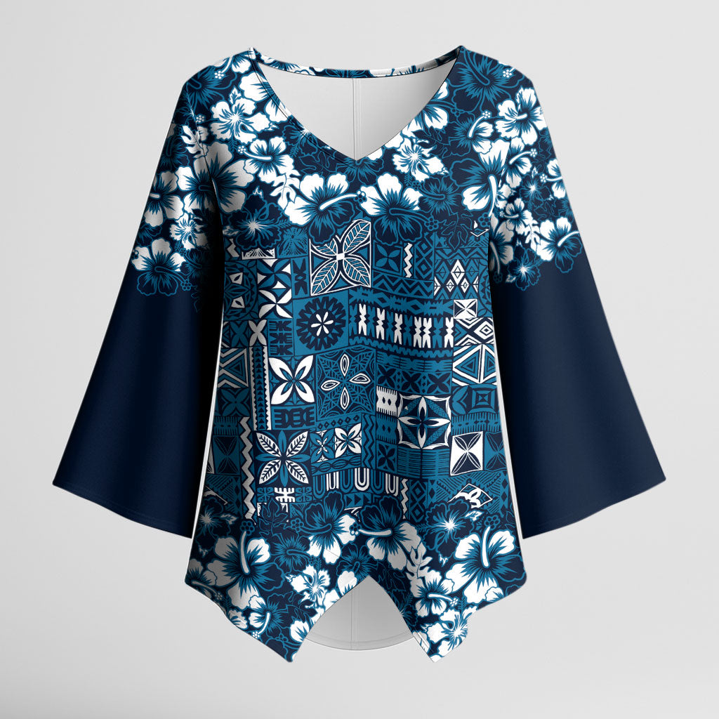 Blue Hawaiian Tapa Tribal Hibiscus Kimono Sleeve Blouse