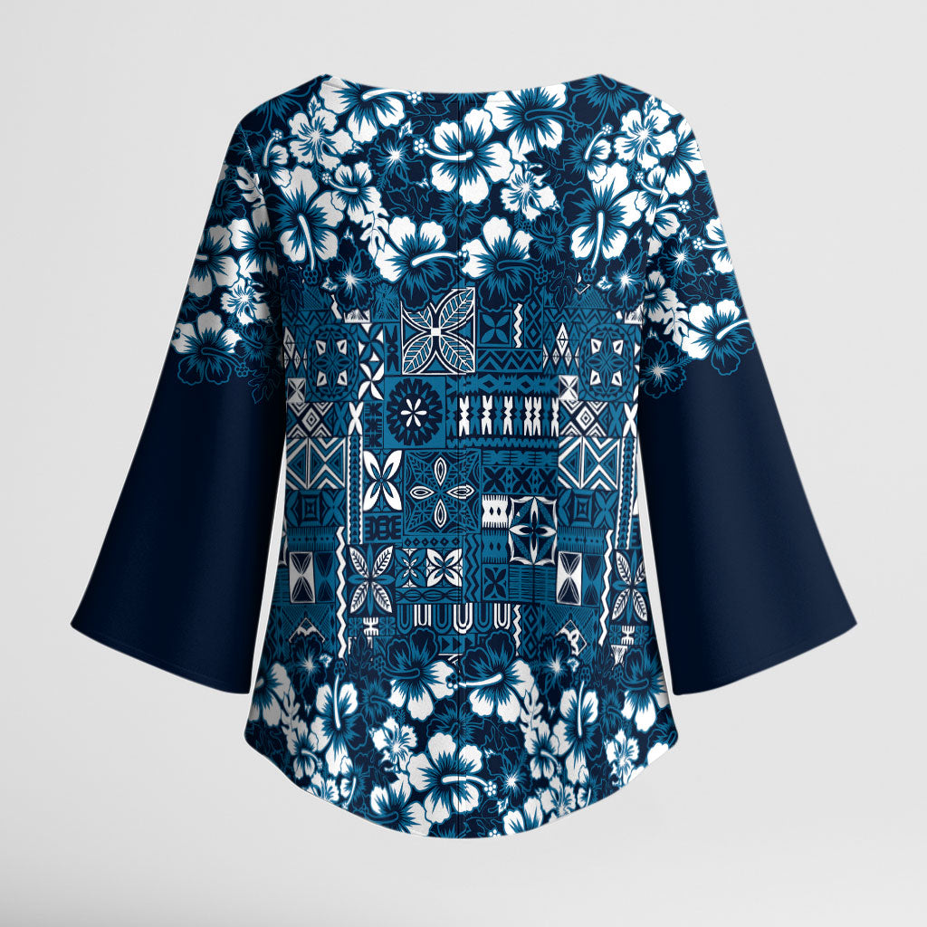 Blue Hawaiian Tapa Tribal Hibiscus Kimono Sleeve Blouse