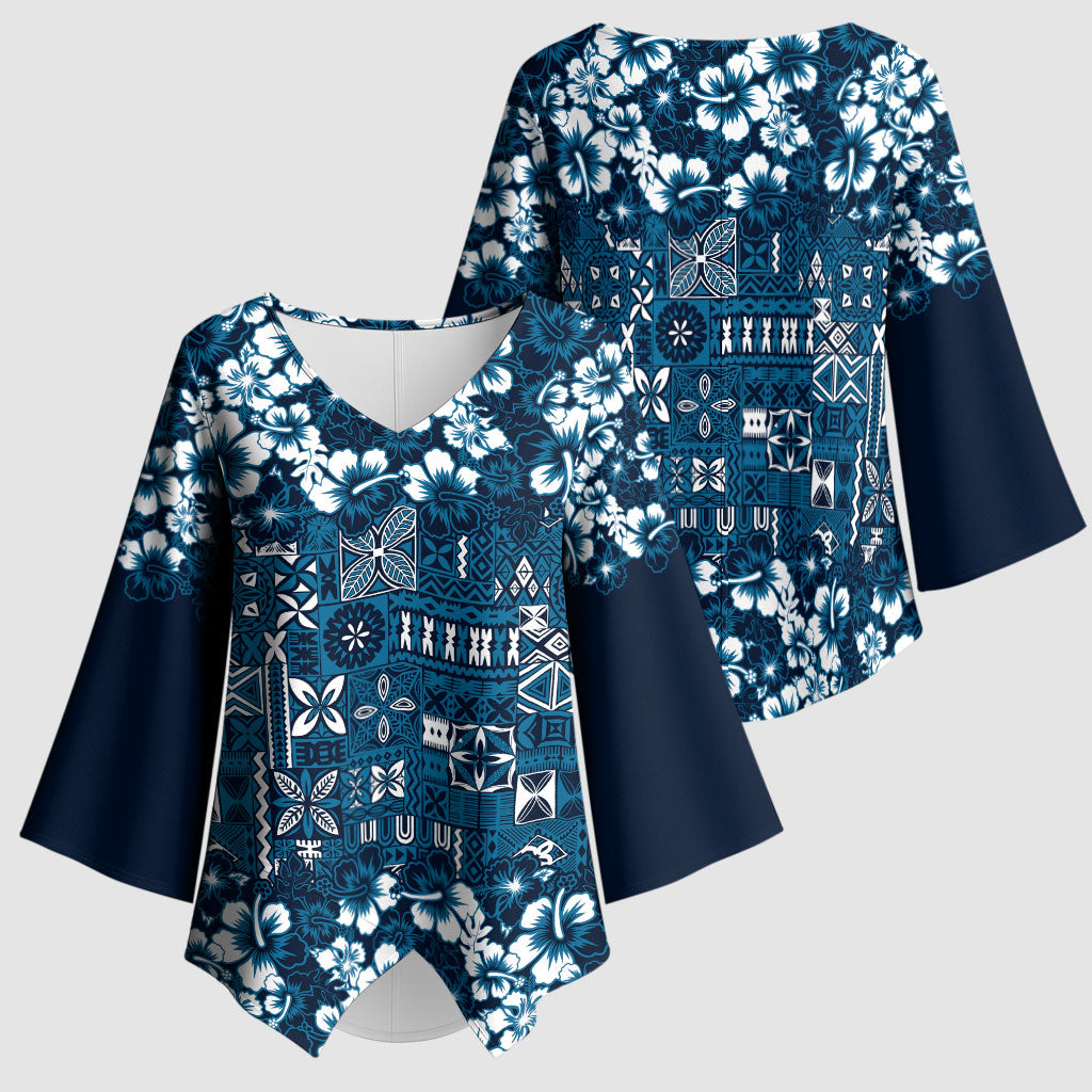 Blue Hawaiian Tapa Tribal Hibiscus Kimono Sleeve Blouse