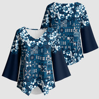 Blue Hawaiian Tapa Tribal Hibiscus Kimono Sleeve Blouse