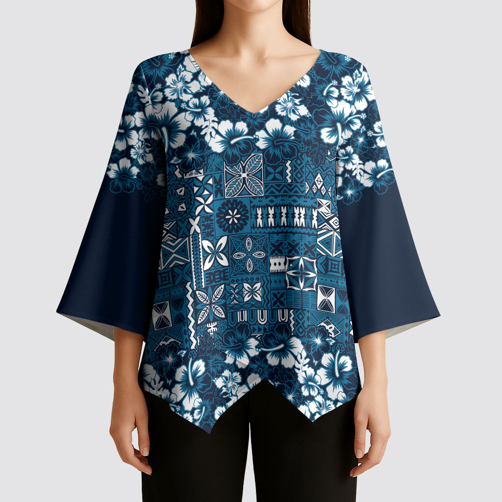 Blue Hawaiian Tapa Tribal Hibiscus Kimono Sleeve Blouse