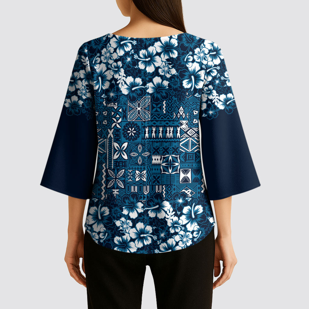 Blue Hawaiian Tapa Tribal Hibiscus Kimono Sleeve Blouse