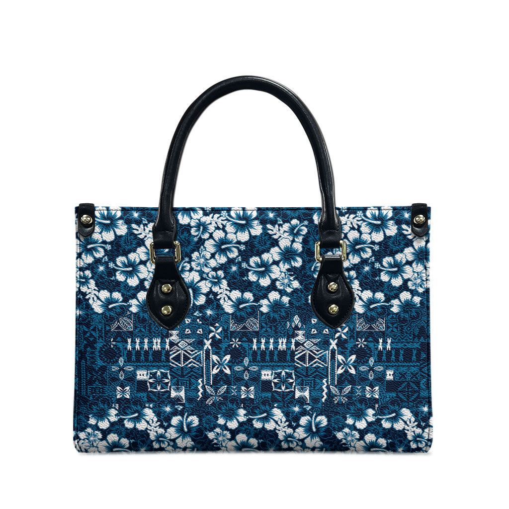 Blue Hawaiian Tapa Tribal Hibiscus Leather Bag