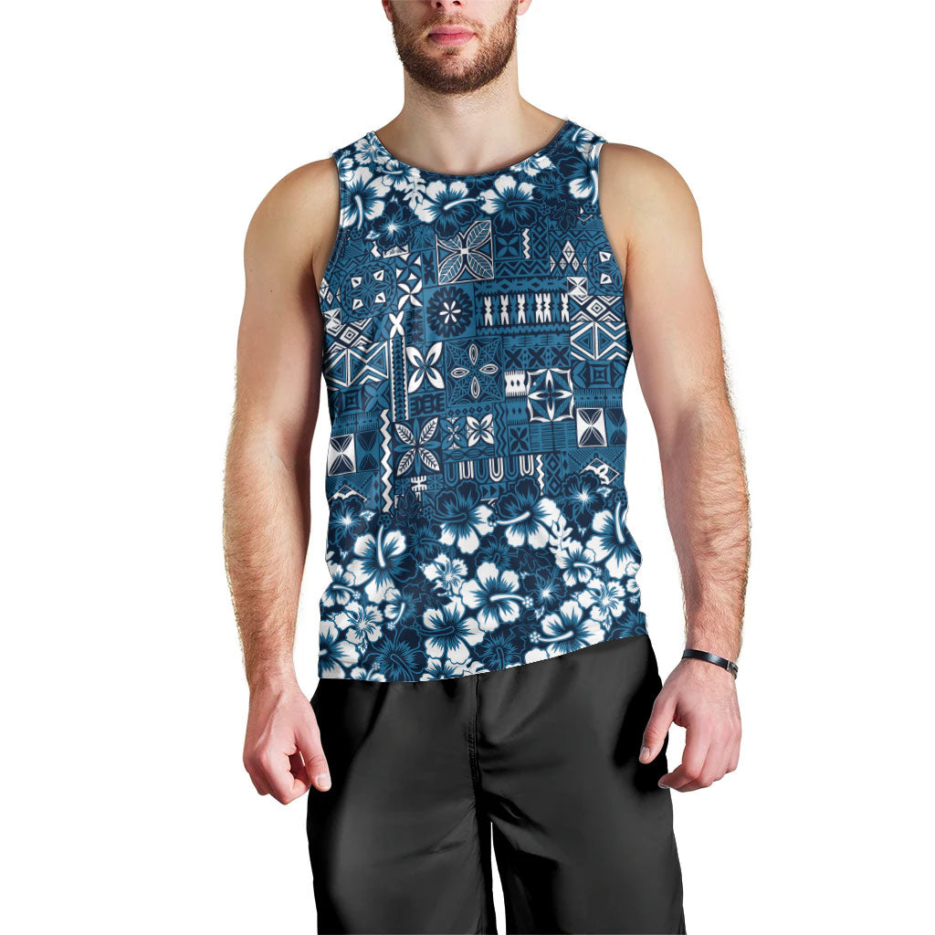 Blue Hawaiian Tapa Tribal Hibiscus Men Tank Top