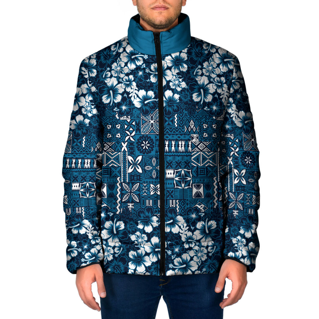 Blue Hawaiian Tapa Tribal Hibiscus Padded Jacket LT9 Men Blue - Polynesian Pride