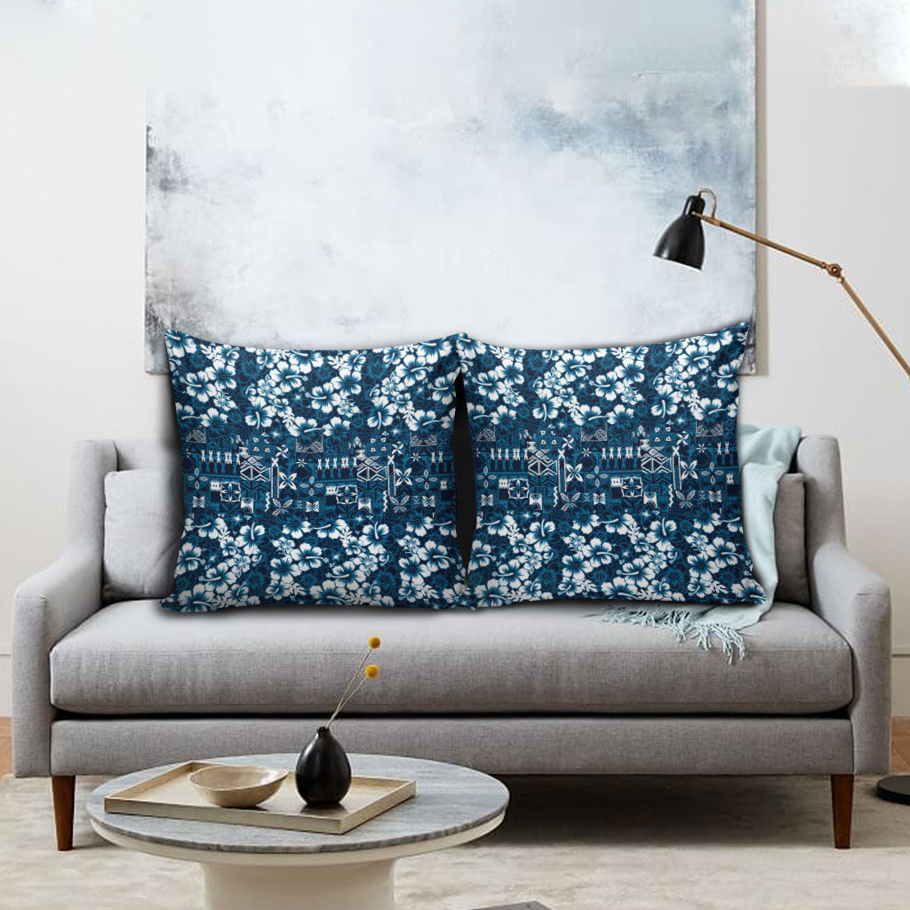 Blue Hawaiian Tapa Tribal Hibiscus Pillow Cover
