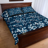 Blue Hawaiian Tapa Tribal Hibiscus Quilt Bed Set