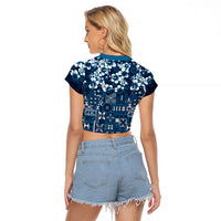 Blue Hawaiian Tapa Tribal Hibiscus Raglan Cropped T Shirt