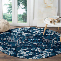 Blue Hawaiian Tapa Tribal Hibiscus Round Carpet