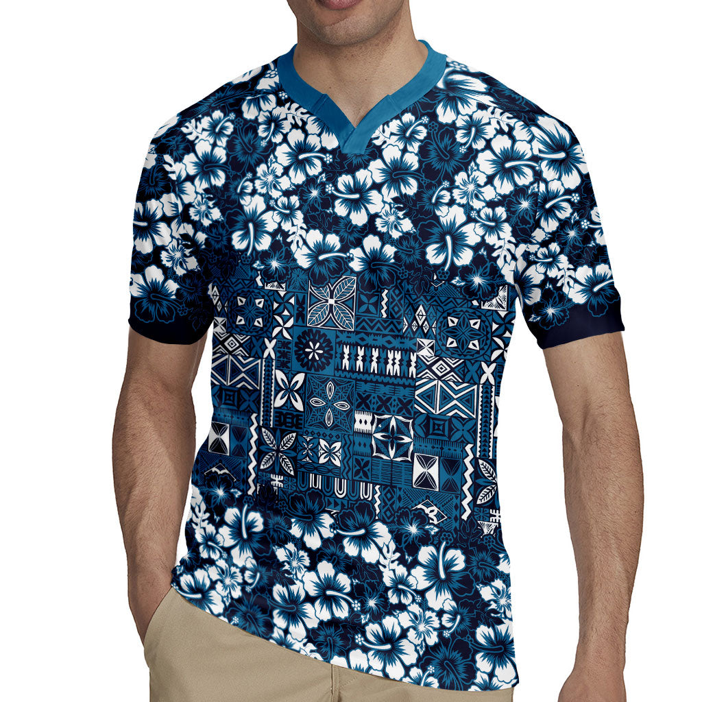 Blue Hawaiian Tapa Tribal Hibiscus Rugby Jersey