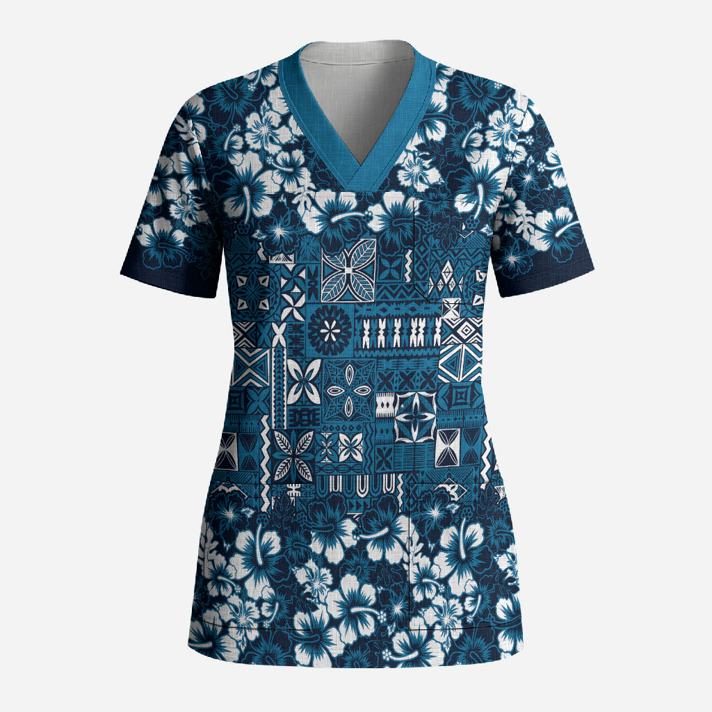 Blue Hawaiian Tapa Tribal Hibiscus Scrub Top LT9 Adult Blue - Polynesian Pride