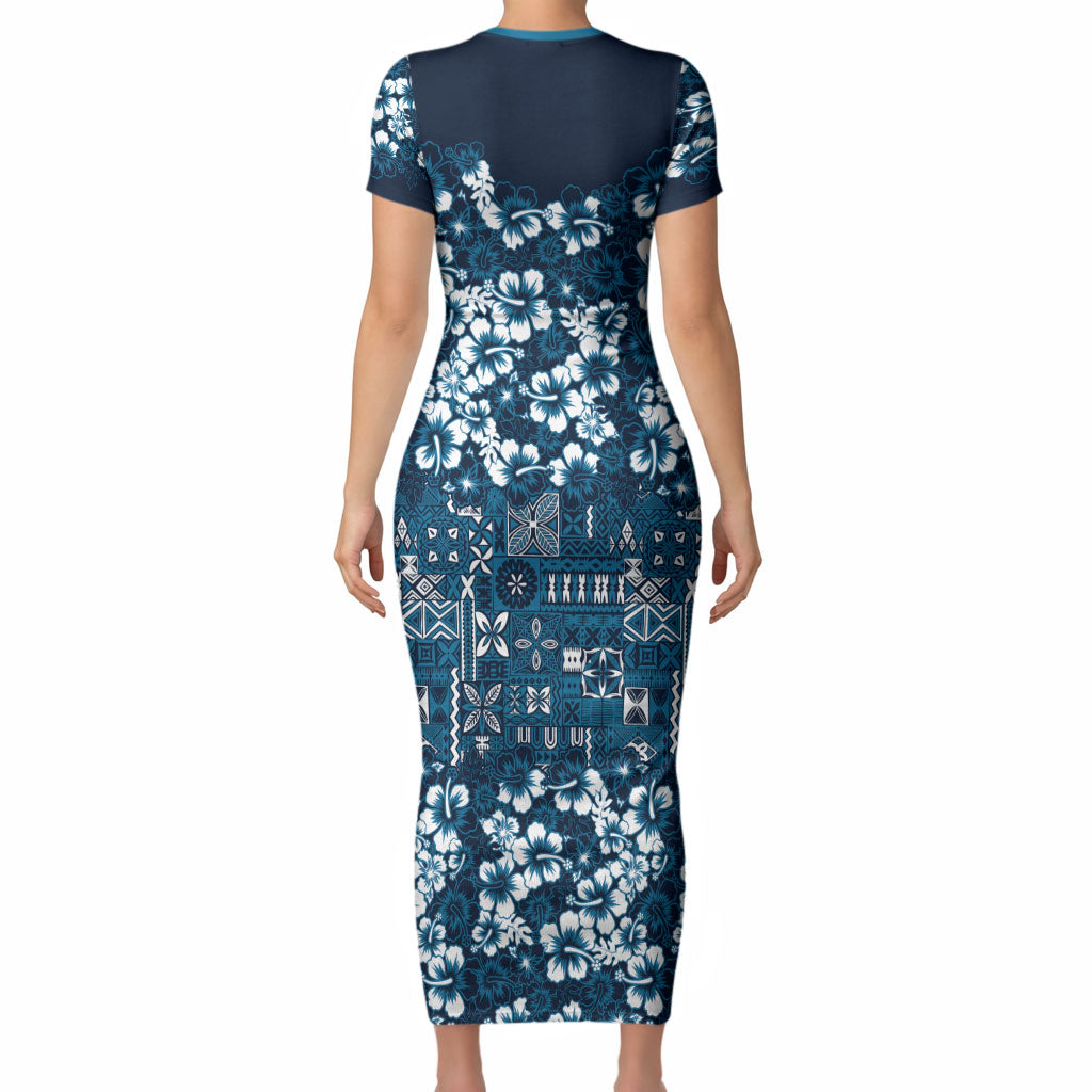 Blue Hawaiian Tapa Tribal Hibiscus Short Sleeve Bodycon Dress