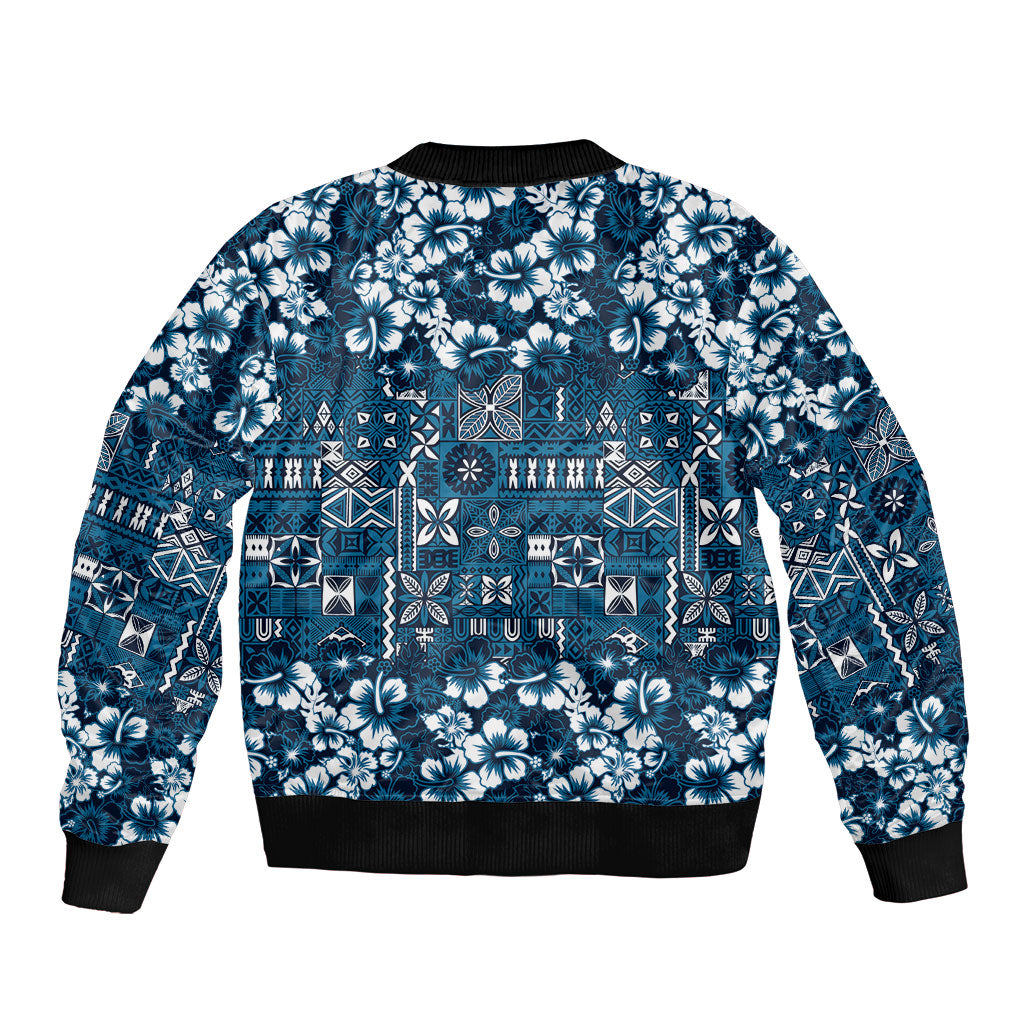 Blue Hawaiian Tapa Tribal Hibiscus Sleeve Zip Bomber Jacket