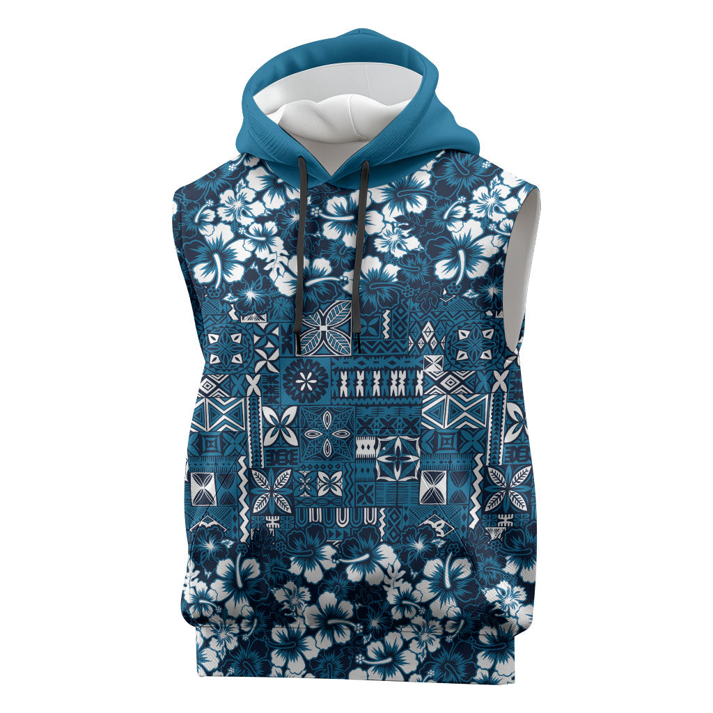 Blue Hawaiian Tapa Tribal Hibiscus Sleeveless Hoodie
