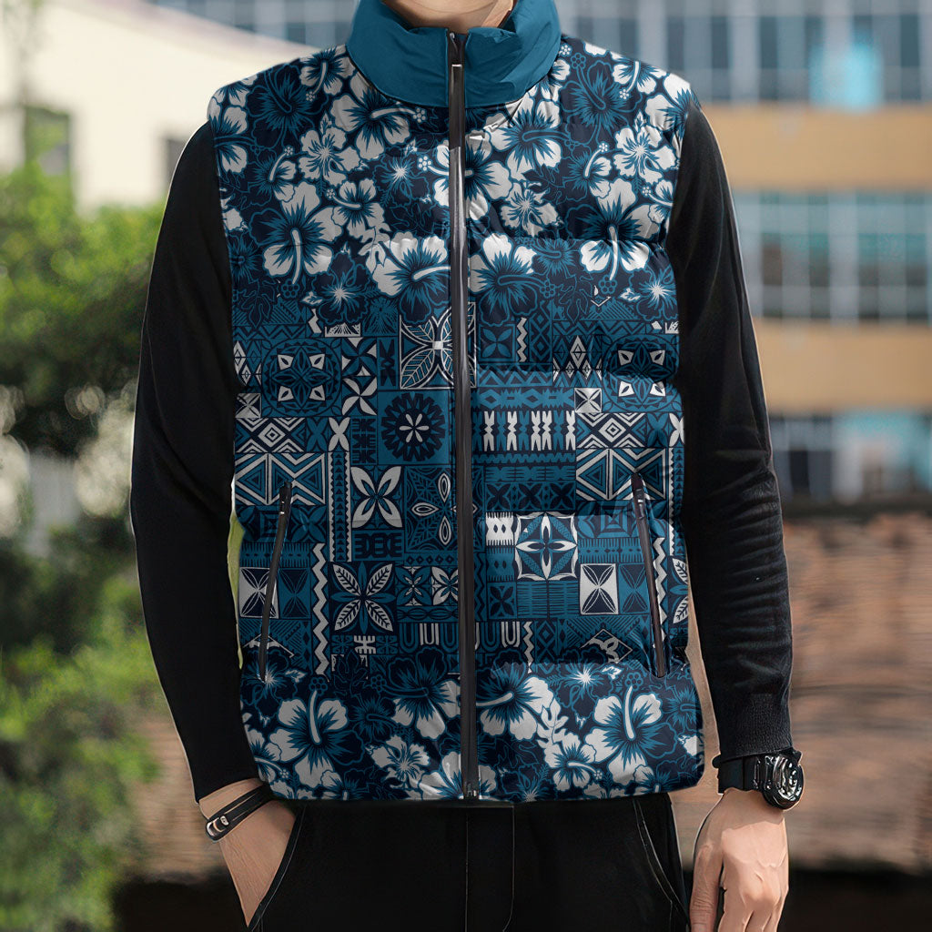 Blue Hawaiian Tapa Tribal Hibiscus Sleeveless Puffer Jacket LT9 - Polynesian Pride