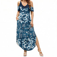 Blue Hawaiian Tapa Tribal Hibiscus Summer Maxi Dress