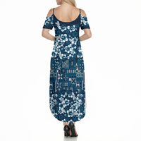 Blue Hawaiian Tapa Tribal Hibiscus Summer Maxi Dress