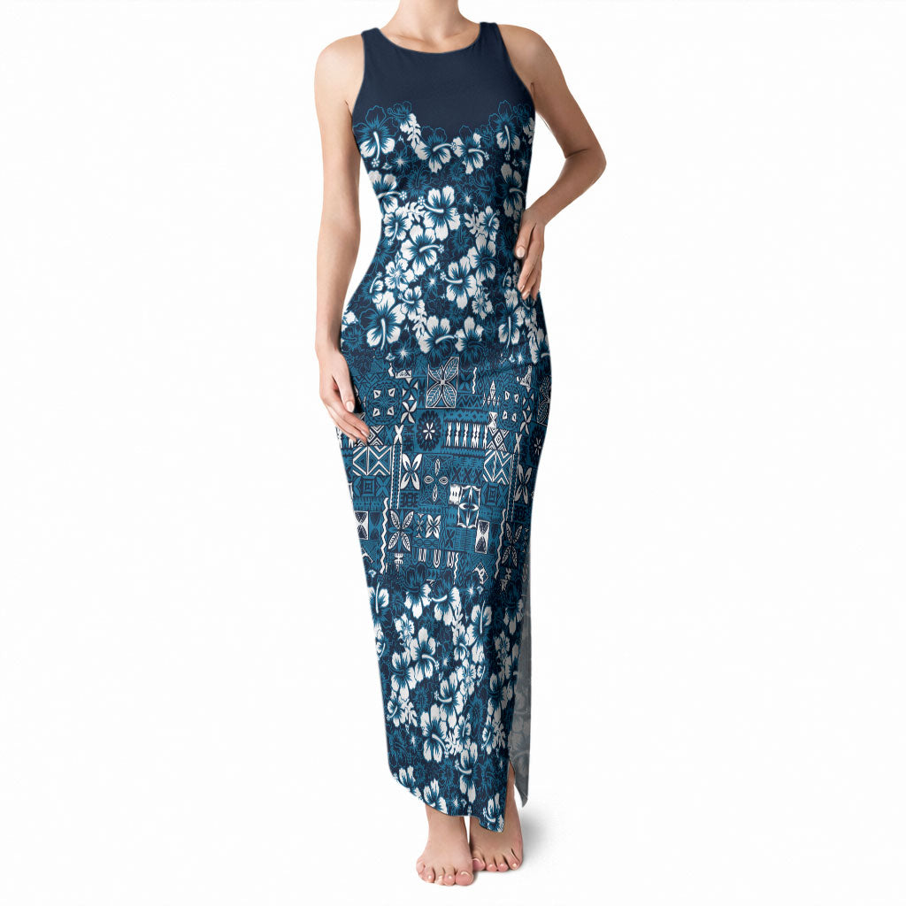Blue Hawaiian Tapa Tribal Hibiscus Tank Maxi Dress