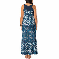Blue Hawaiian Tapa Tribal Hibiscus Tank Maxi Dress