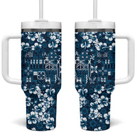 Blue Hawaiian Tapa Tribal Hibiscus Tumbler With Handle