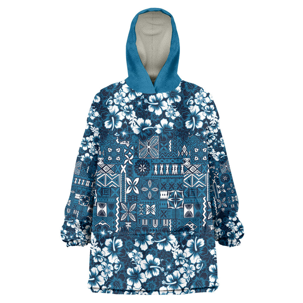 Blue Hawaiian Tapa Tribal Hibiscus Wearable Blanket Hoodie