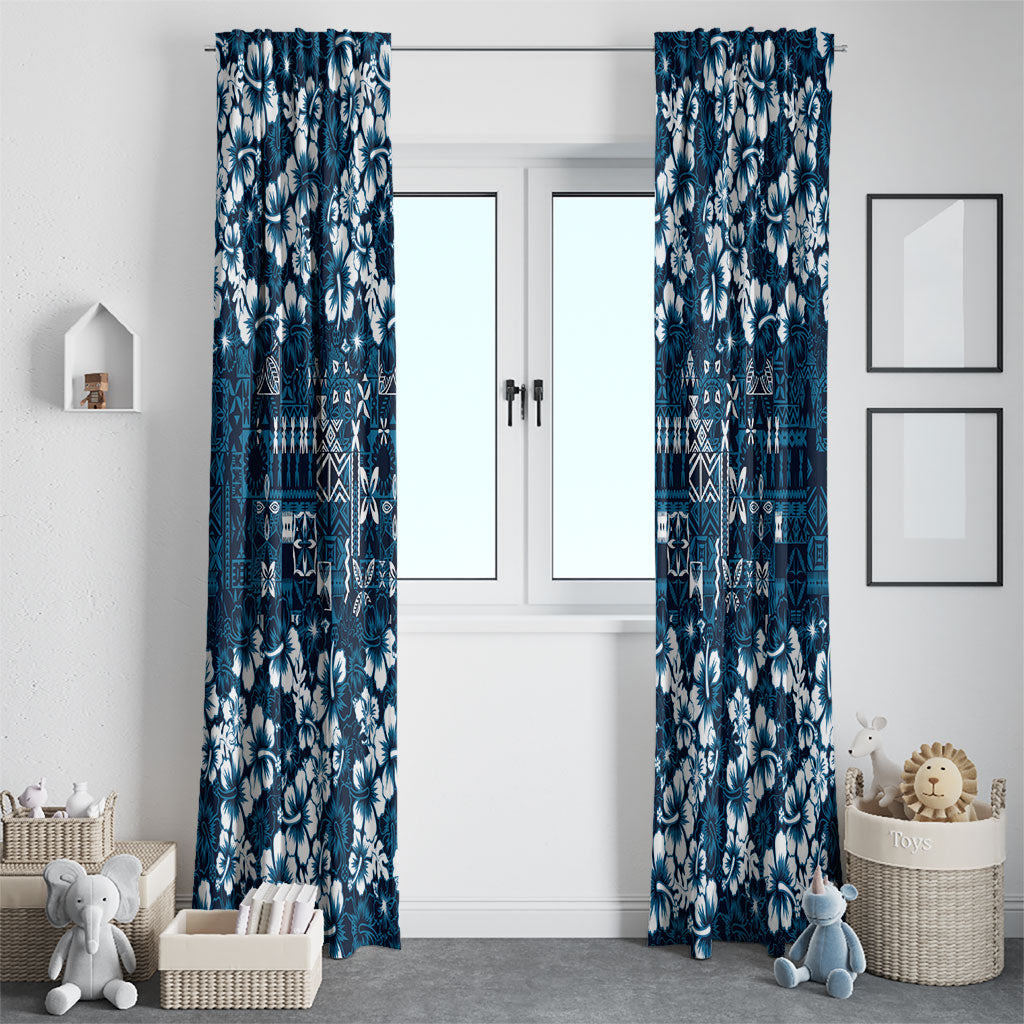 Blue Hawaiian Tapa Tribal Hibiscus Window Curtain