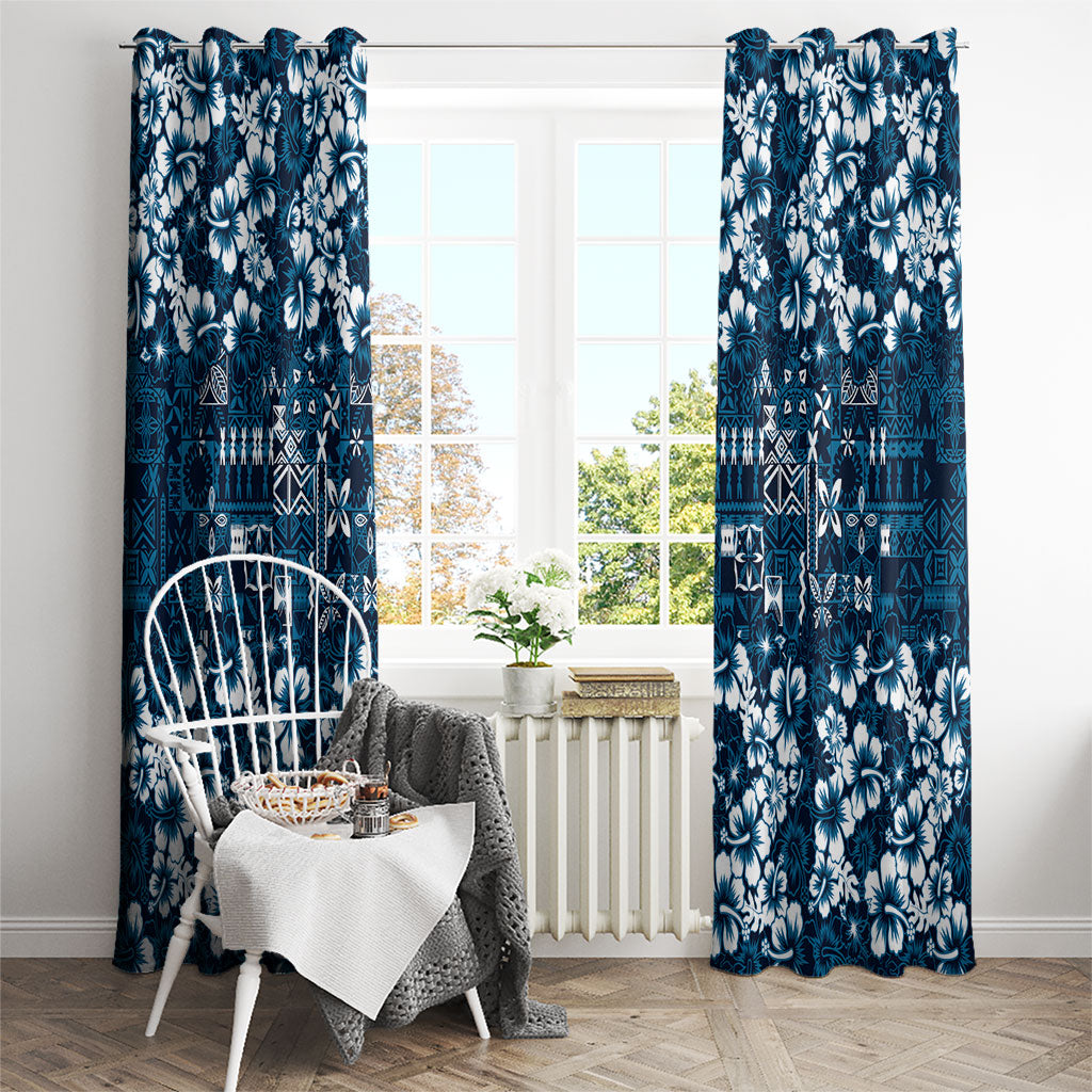 Blue Hawaiian Tapa Tribal Hibiscus Window Curtain