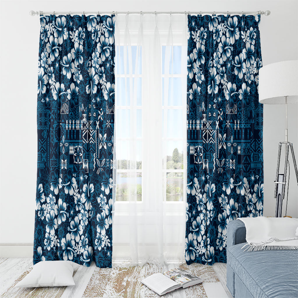 Blue Hawaiian Tapa Tribal Hibiscus Window Curtain