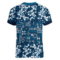 Blue Hawaiian Tapa Tribal Hibiscus Women V-Neck T-Shirt
