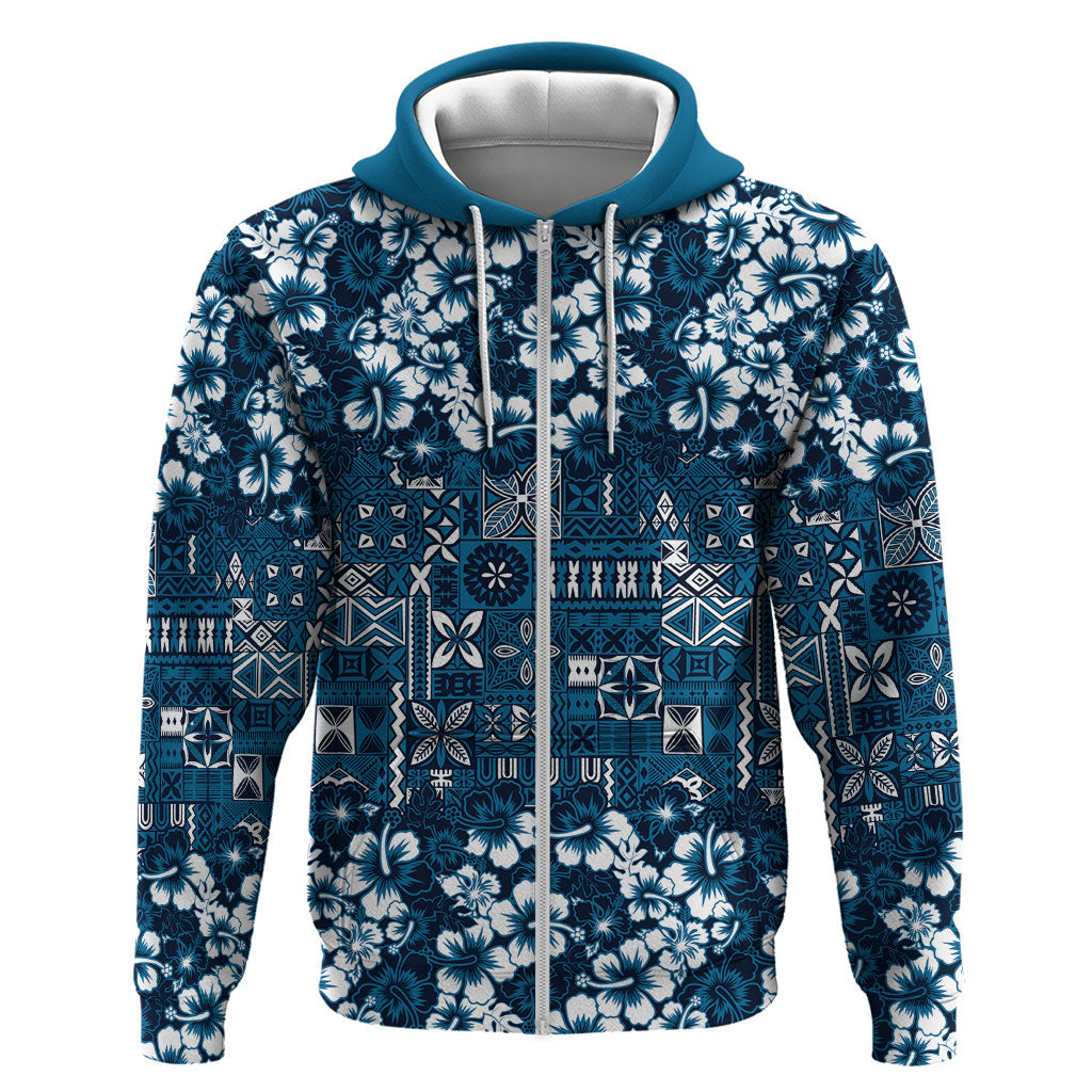 Blue Hawaiian Tapa Tribal Hibiscus Zip Hoodie